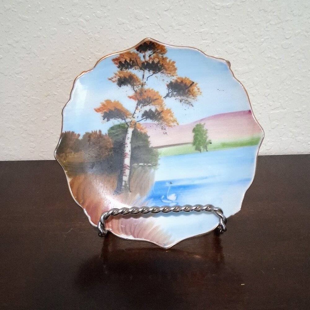 5.5" Decorative Plate With Swan, Tree, Water Scene, Vintage, Japan Marked